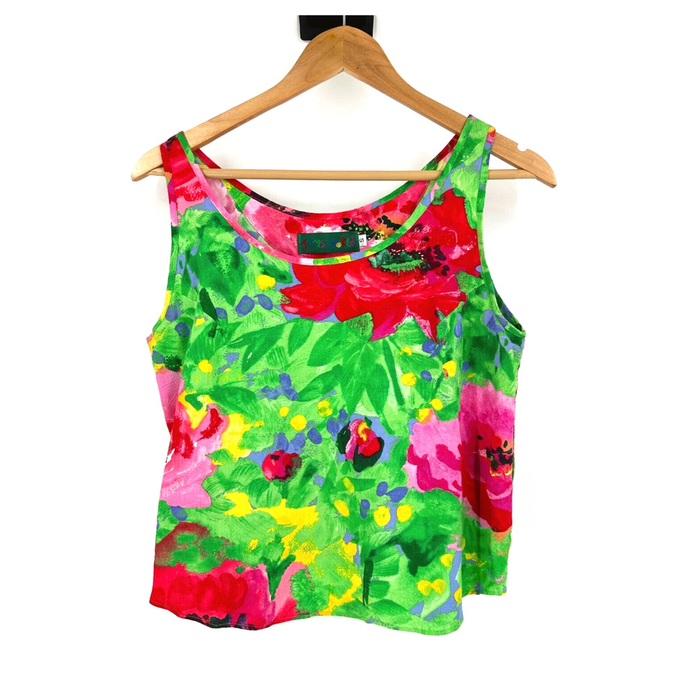 VTG 90s Jams World Tank Top Floral Hawaiian Colorful Artsy Resort USA Made Small